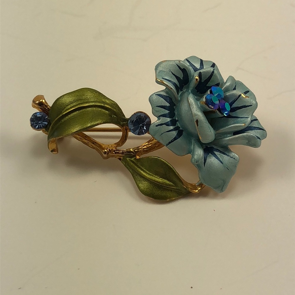 Blue Flower Brooch with Jeweled Center